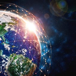 Global network connection covering the earth with lines of innovative perception